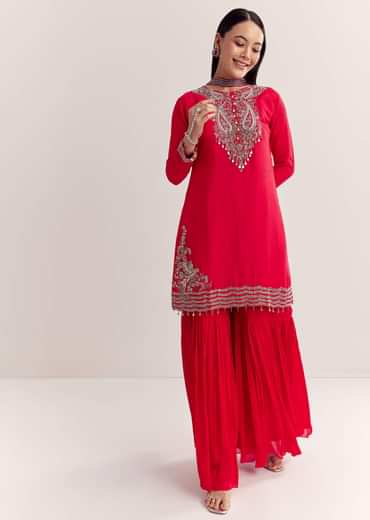 Red Dola Silk Kurta Set With Zardosi And Choker Dupatta