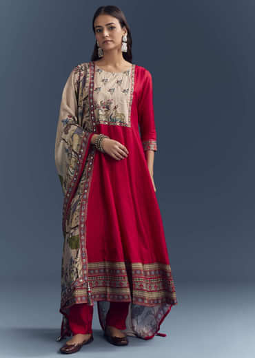 Red Dola Silk Printed Anarkali Suit With Intricate Hand Embroidery