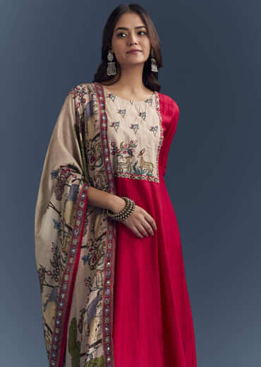 Red Dola Silk Printed Anarkali Suit With Intricate Hand Embroidery
