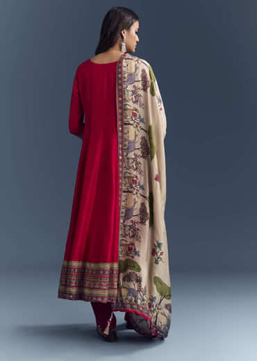Red Dola Silk Printed Anarkali Suit With Intricate Hand Embroidery