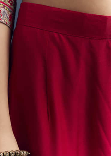 Red Dola Silk Printed Anarkali Suit With Intricate Hand Embroidery