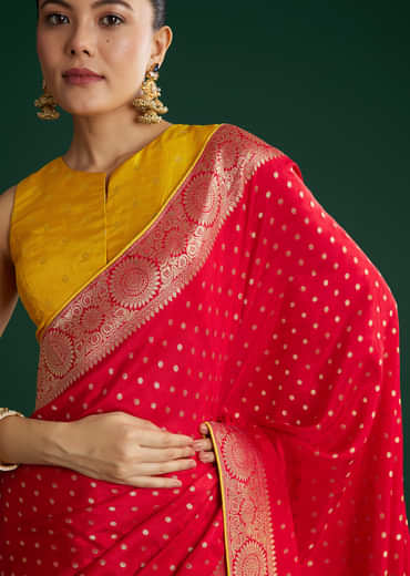 Red Dola Silk Saree With Butti And Floral Woven Border