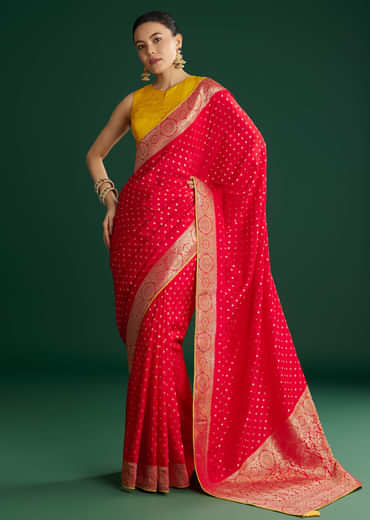 Red Dola Silk Saree With Butti And Floral Woven Border