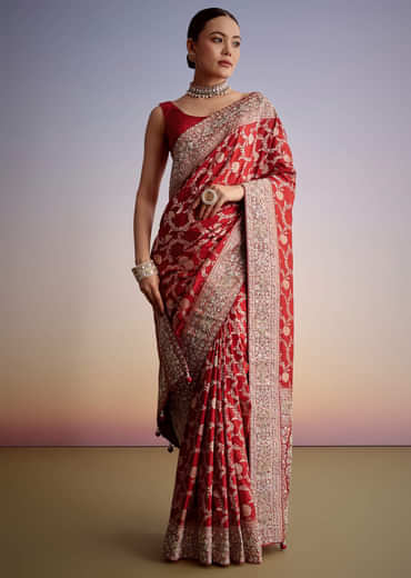 Red Dola Silk Saree With Floral Jaal Work