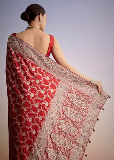 Red Dola Silk Saree With Floral Jaal Work