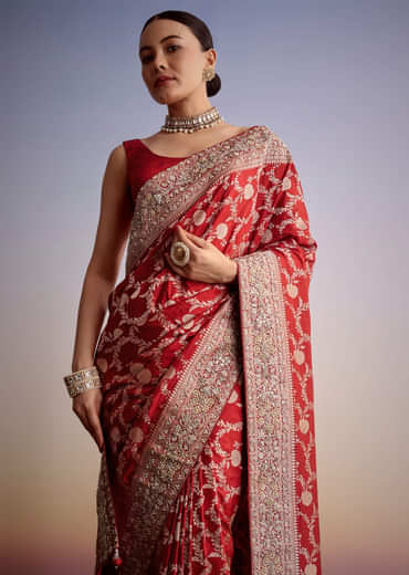 Red Dola Silk Saree With Floral Jaal Work