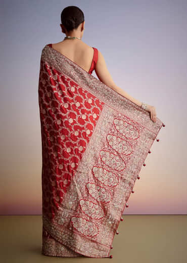 Red Dola Silk Saree With Floral Jaal Work