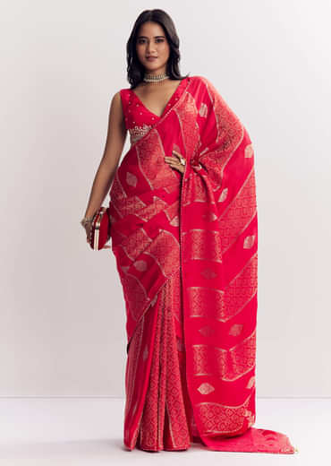 Red Dola Silk Saree With Gota Patti Woven Motifs