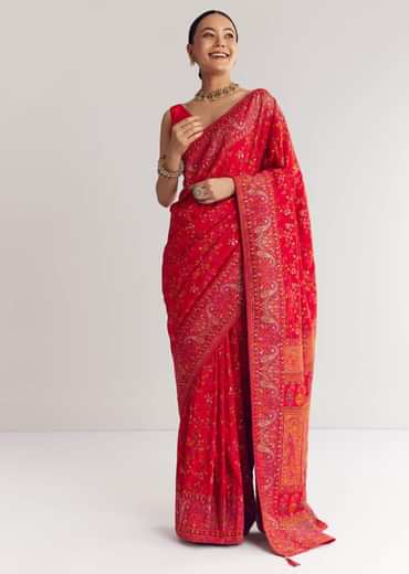 Red Dola Silk Saree With Traditional Floral Amd Jaal Work