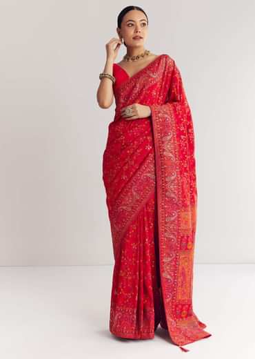 Red Dola Silk Saree With Traditional Floral Amd Jaal Work