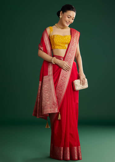 Red Dola Silk Saree With Woven Border And Pallu