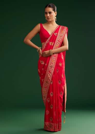 Red Dola Silk Saree With Zari Detailing