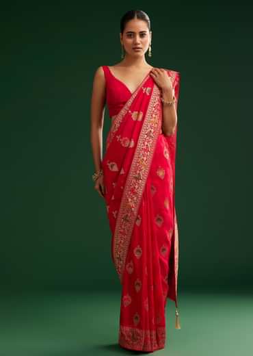 Red Dola Silk Saree With Zari Detailing