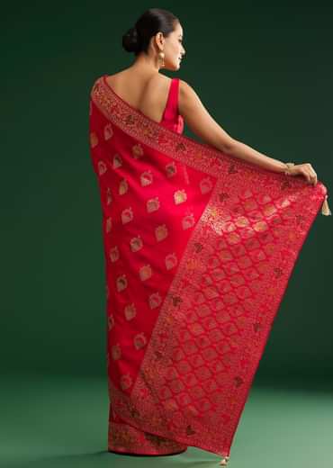 Red Dola Silk Saree With Zari Detailing