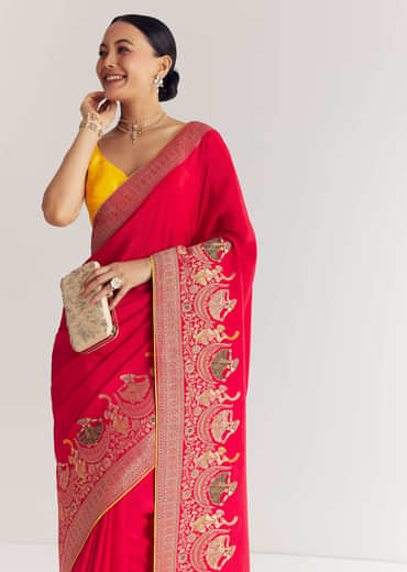 Red Dola Silk Saree With Zari Woven Motifs