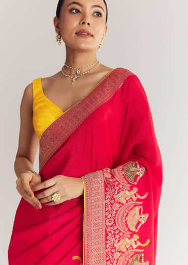Red Dola Silk Saree With Zari Woven Motifs