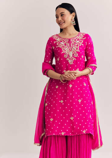 Pink Dola Silk Sharara Suit With Embroidered Print