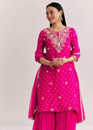 Pink Dola Silk Sharara Suit With Embroidered Print