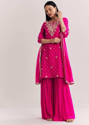 Pink Dola Silk Sharara Suit With Embroidered Print