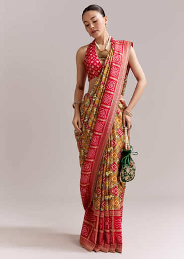 Red Dola Silk Woven Bandhani Saree With Gotapatti Detailing