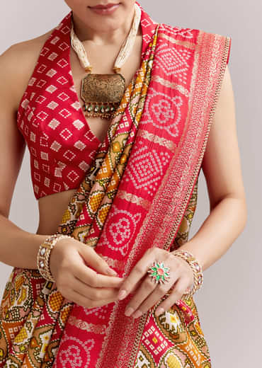 Red Dola Silk Woven Bandhani Saree With Gotapatti Detailing