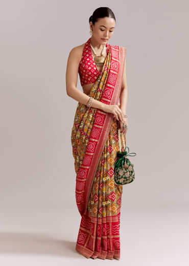 Red Dola Silk Woven Bandhani Saree With Gotapatti Detailing