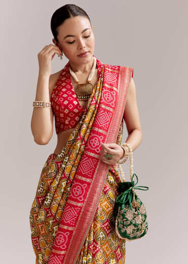 Red Dola Silk Woven Bandhani Saree With Gotapatti Detailing