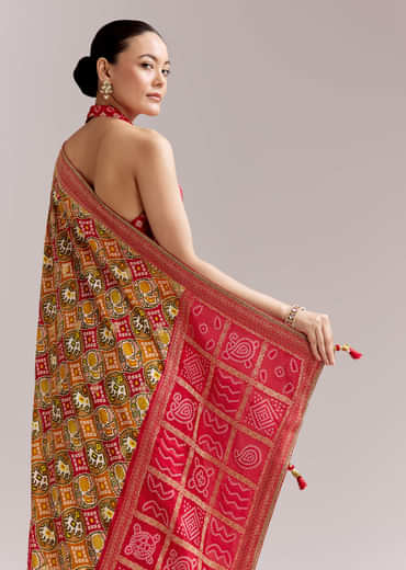 Red Dola Silk Woven Bandhani Saree With Gotapatti Detailing