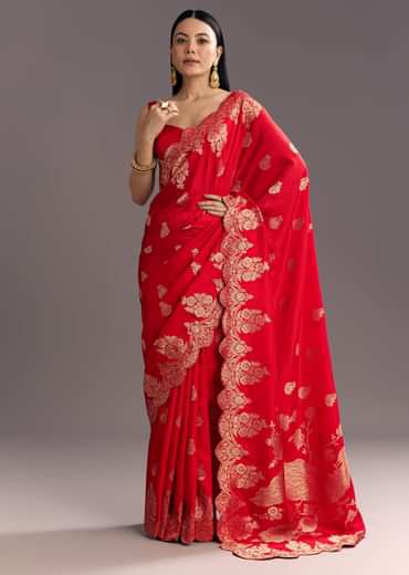 Red Dola Silk Woven Motif Saree With Scallop Border