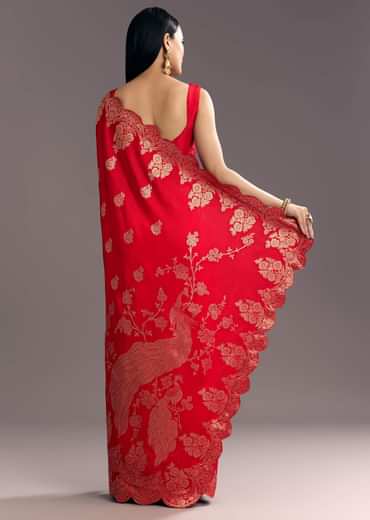 Red Dola Silk Woven Motif Saree With Scallop Border