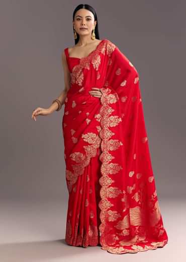 Red Dola Silk Woven Motif Saree With Scallop Border