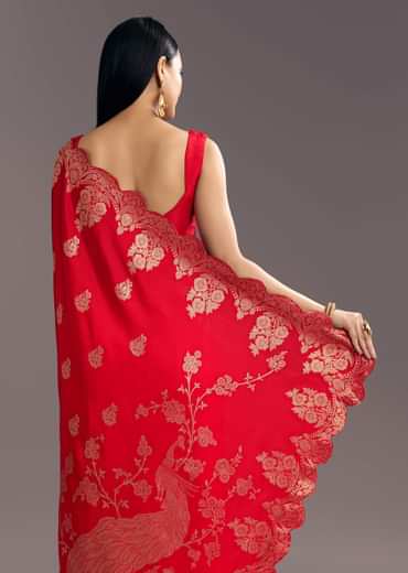 Red Dola Silk Woven Motif Saree With Scallop Border