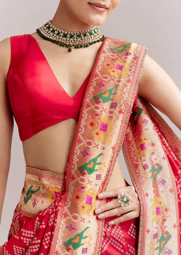 Red Dola Silk Woven Saree With Bandhani Motifs And Zari Border