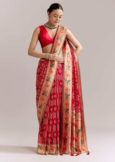 Red Dola Silk Woven Saree With Bandhani Motifs And Zari Border