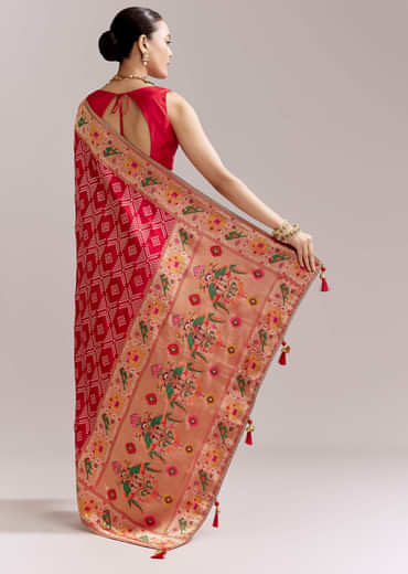 Red Dola Silk Woven Saree With Bandhani Motifs And Zari Border