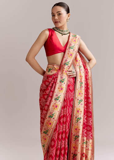 Red Dola Silk Woven Saree With Bandhani Motifs And Zari Border