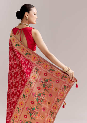 Red Dola Silk Woven Saree With Bandhani Motifs And Zari Border