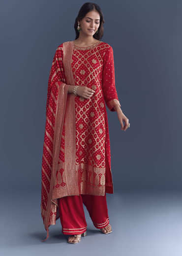 Red Georgette Kurta Set With Bandhani Print And Jacquard Weave