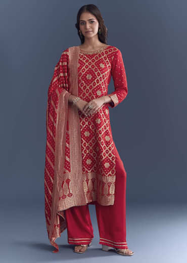 Red Georgette Kurta Set With Bandhani Print And Jacquard Weave