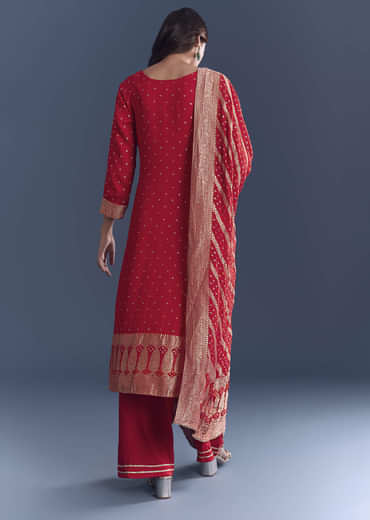 Red Georgette Kurta Set With Bandhani Print And Jacquard Weave