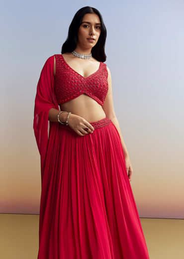 Red Georgette Lehenga with Cut Dana Choli