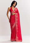 Red Georgette Lurex Saree With Brocade Butti And Gota Patti Border