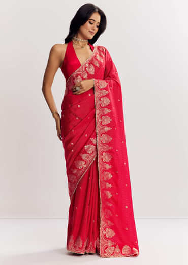 Red Georgette Lurex Saree With Brocade Butti And Gota Patti Border