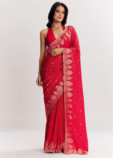 Red Georgette Lurex Saree With Brocade Butti And Gota Patti Border