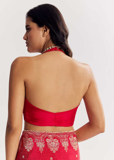 Red Georgette Lurex Saree With Brocade Butti And Gota Patti Border