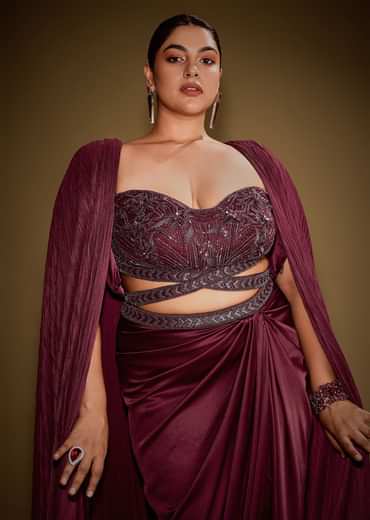 Red Hand Embroidered Blouse With Drape Skirt And Crushed Cape