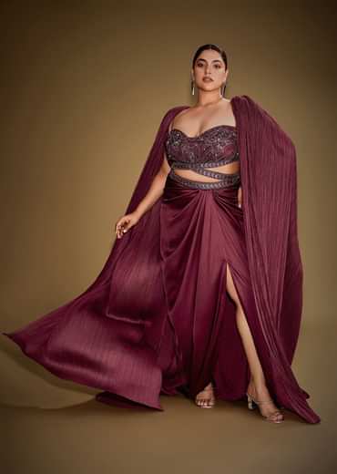 Red Hand Embroidered Blouse With Drape Skirt And Crushed Cape