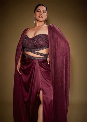 Red Hand Embroidered Blouse With Drape Skirt And Crushed Cape