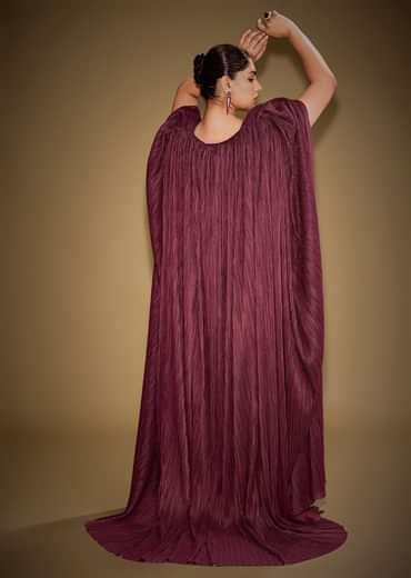 Red Hand Embroidered Blouse With Drape Skirt And Crushed Cape