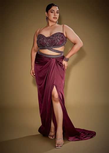 Red Hand Embroidered Blouse With Drape Skirt And Crushed Cape